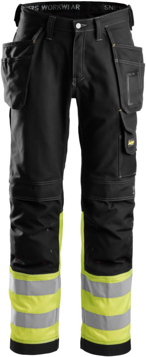 Snickers Hi-Vis Baumwoll-Pants m. Holstertaschen Kl. 1 EN 14404 20471 black-HV-Gelb Ropa de trabajo