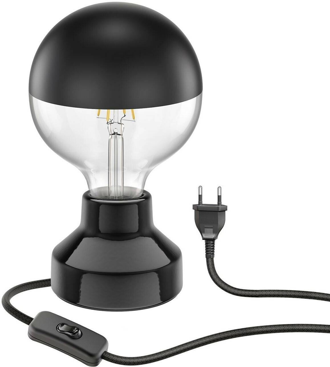 ledscom.de E27 porcelain table lamp TIX, round with plug and switch, black, 90mm incl. E27 lamp 660lm warm white Lámparas