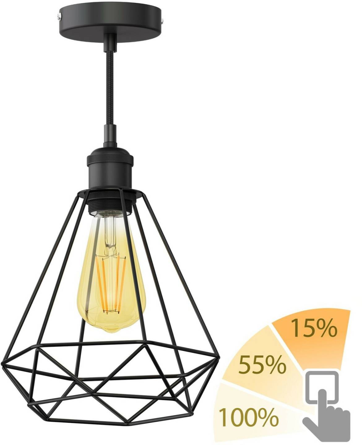 ledscom.de Vintage pendant light RETRA, black, cage shade + LED lamp gold max. 814lm, 3 levels, extra warm white Lámparas