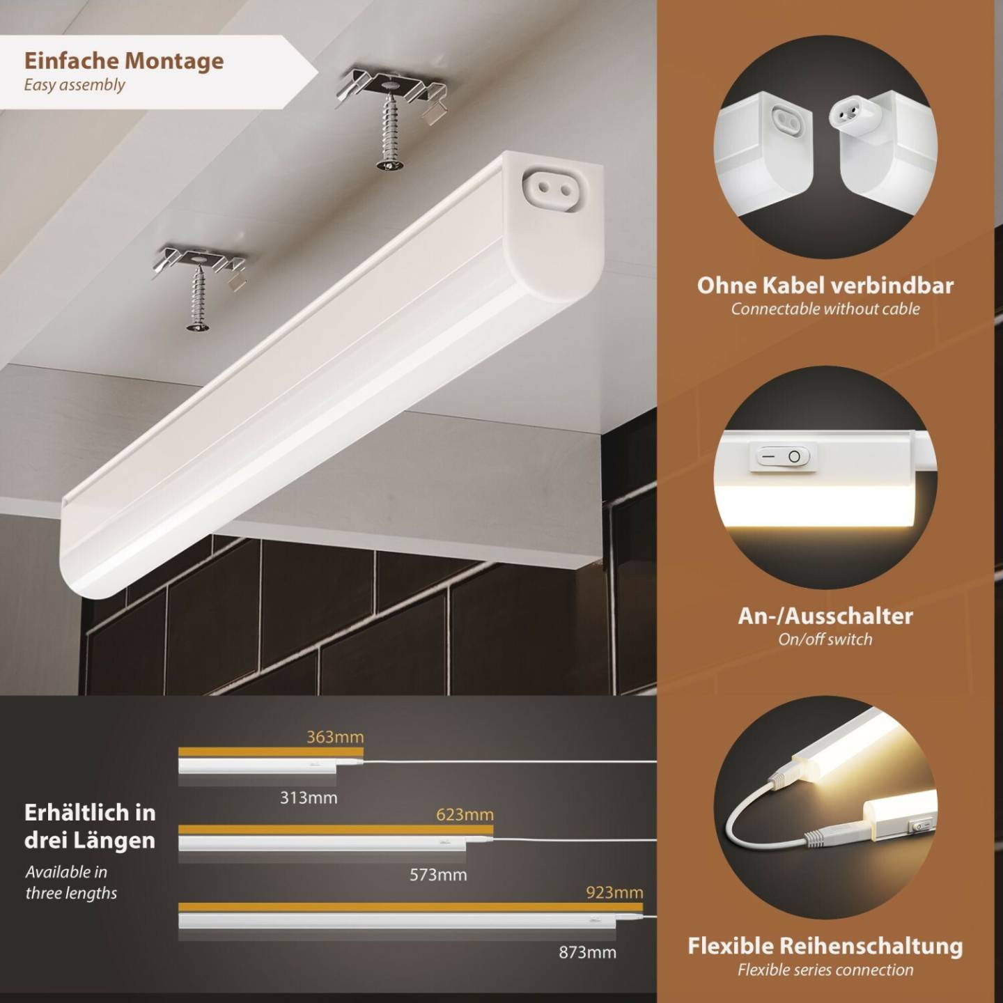 ledscom.de LED under-cabinet lights Rigel, 31.3cm each, with switch (warm white, 11.58W, 397lm each, 130°) set of 3 Lámparas