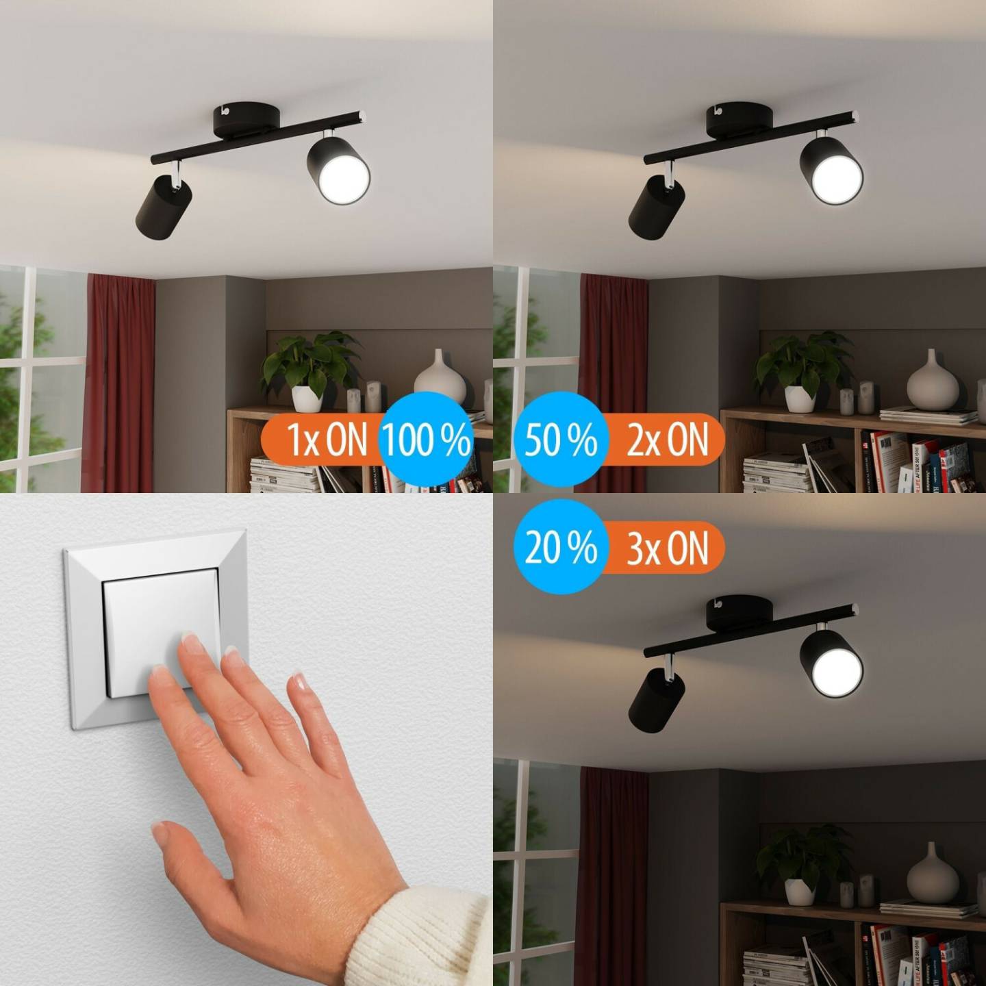 ledscom.de Ceiling spotlight WAIKA, two-bulb, black, matt + GU10 LED lamps 3-stage dimming: max. 609lm each white Lámparas